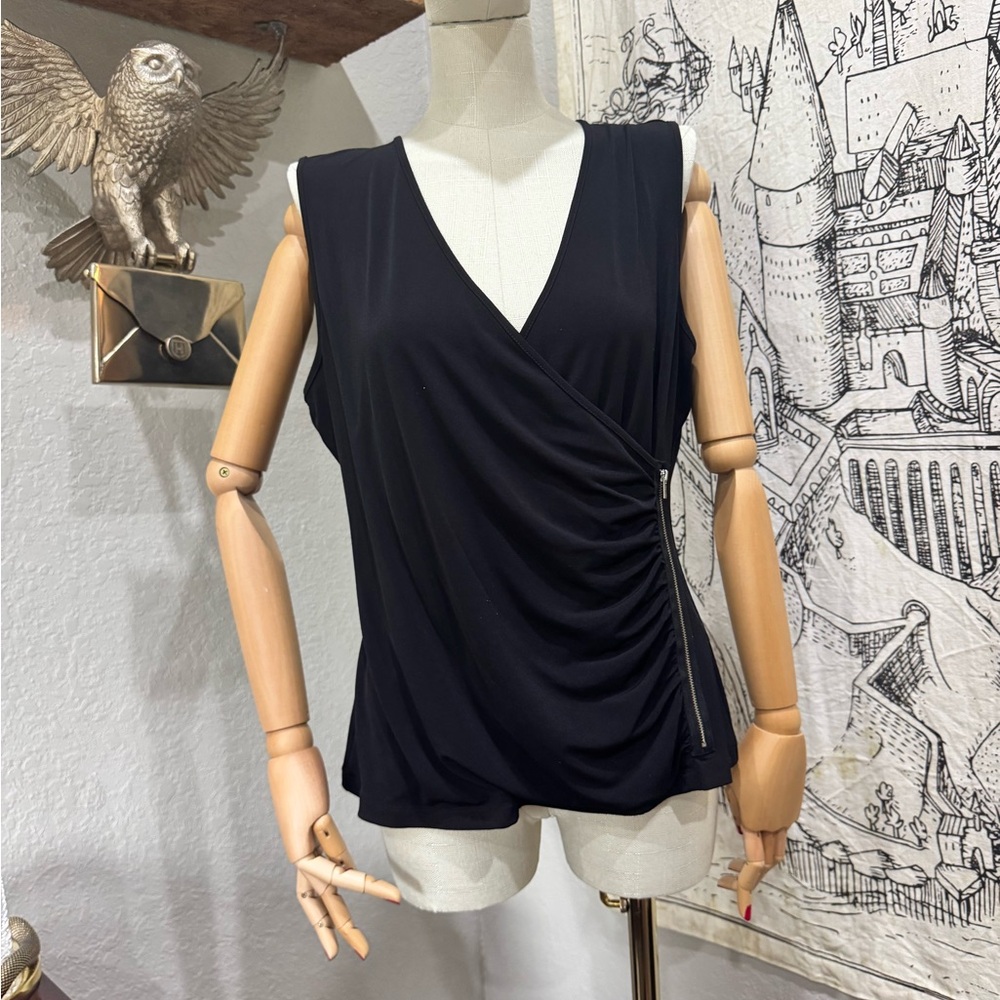 Calvin Klein Black Sleeveless Ruched Wrap Blouse